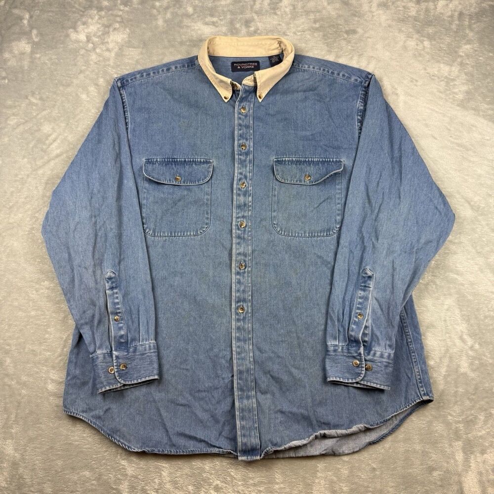 Roundtree & Yorke Vintage 90s Denim Button Down Shirt XL Blue Khaki Collar